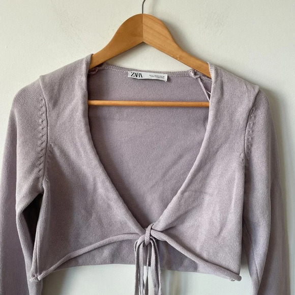 Zara Crop Wrap Around Tie Knit  Sweater Lavender Purple Size Medium - Picture 6 of 9
